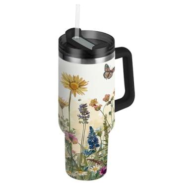 Imagem de Blueangle Copo de campo de flores silvestres de 1,134 g com alça e tampa de palha, caneca de viagem de aço inoxidável isolada a vácuo de parede dupla, garrafa de água reutilizável para academia de
