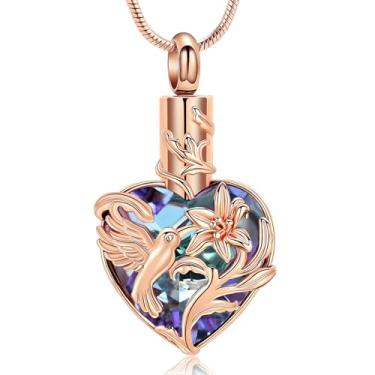 Imagem de zeqingjw Colar de urna de coração para cinzas pingente de cristal beija-flor memorial pingente de cremação joia humana animal de estimação suporte de cinzas presente de lembrança, Aço inoxidável, Sem