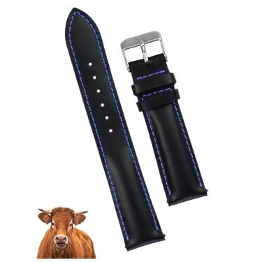 Imagem de vinacreations Pulseira masculina vintage de couro preto de 21 mm com costura azul e liberação rápida, pulseira macia feita à mão, presente de Natal e dia dos pais para pai, filho, marido DH-232-21 mm