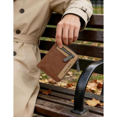 Imagem de Carteira masculina curta, fecho de zíper e vários compartimentos para cartões, carteira de couro costurada à mão com bolso para moedas, carteira dupla compacta marrom com bloqueio de RFID para uso