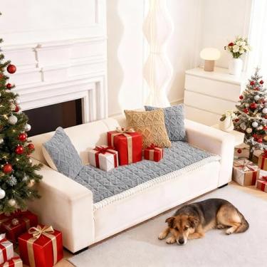 Imagem de Cshionary Capa de sofá para cães lavável, felpuda para sofá de 3 almofadas – protetor de móveis de pelúcia macia para animais de estimação com suporte antiderrapante (cinza claro, 150 x 70 cm)