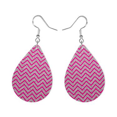 Imagem de Brincos de gota chevron rosa e prata - brincos pendentes com padrão de glitter para mulheres - Ganchos de aço inoxidável hipoalergênicos - Joias leves de dupla face para moda, presentes e uso diário