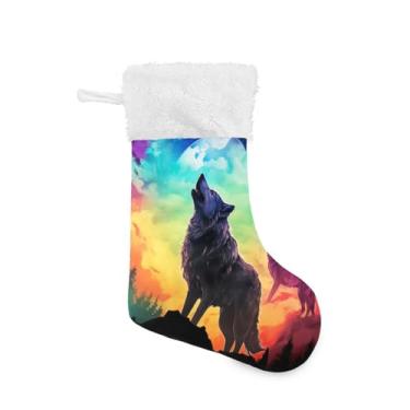 Imagem de ATTX Meias coloridas de Natal de lobo, suportes de presente brancos de pelúcia para decorações de festas de fim de ano (17,7 polegadas, 1 pacote) #493