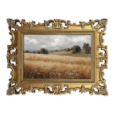 Imagem de XIAOAIKA Arte de parede de paisagem de campo de outono acabada à mão, impressão de campo vintage com moldura de madeira dourada envelhecida, estilo de pintura a óleo para sala de estar quarto estudo