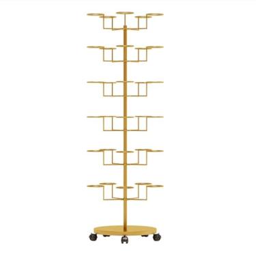 Imagem de Rack de armazenamento móvel dourado de 6 níveis - Rack de exibição independente com rodas para chapéus, perucas e acessórios de cabeça - Suporte giratório de tampa de metal, organizador de ferramentas