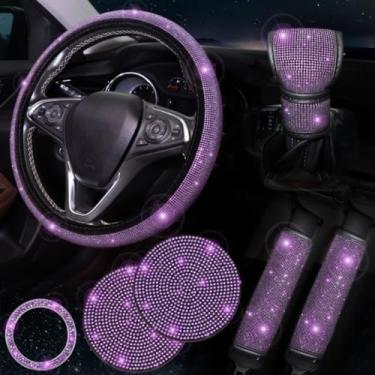 Imagem de Conjunto de Acessórios Automotivos 7 Peças - Capa de Volante com Strass Brilhante e Capas de Cinto de Segurança, Decorativo e Protetor (Roxo,38cm)
