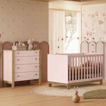 Imagem de Quarto de Bebê com Berço Mini Cama 4315 Slim e Cômoda 5135 Flora Rosa Qmovi