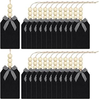 Imagem de 24 peças de etiquetas de madeira de Natal, etiquetas de meia xadrez com corda e contas de madeira, mini placas de quadro-negro para Natal, casa, material escolar (preto branco)