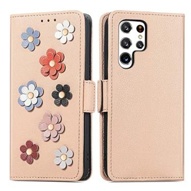 Imagem de Capa flip para Samsung Galaxy S22/S22 Plus/S22 Ultra, capa carteira de couro legítimo com estampa de flores com compartimentos para cartões Capa para celular para meninas, mulheres, bege, S22 Plus 16,7 cm