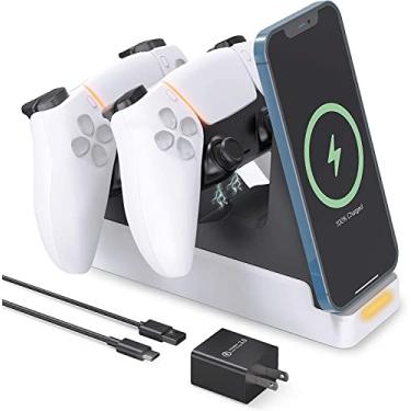 Imagem de Estação para carregamento do controlador PS5, carregador sem fio rápido de 15 W compatível com controladores duplos de PS5/iPhone todos os telefones com certificação Qi-branco
