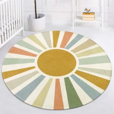 Imagem de STARUIA Boho Tapete lavável 1,5 m redondo para quarto, tapete infantil arco-íris circular para escritório, tapete circular antiderrapante, luz do sol macio para dormitório, berçário, sofá, sala de