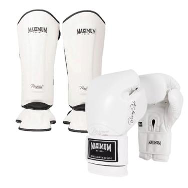 Imagem de Kit Caneleiras e Luvas Boxe Muay Thai Kickboxing Classic Maximum White (LUVA 12oz + CANELEIRA G)