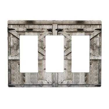Imagem de Country Barn Door Wood 3 Gang Triple Rocker/Decorator GFCI Outlet Light Switch Wall Plate Cover Cinza Branco Marrom Madeira Cabine Decorativa Placa Elétrica Sem Parafusos para Dimmer, USB