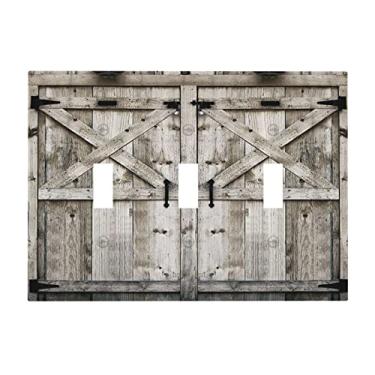 Imagem de Porta de celeiro do país madeira 3 entradas interruptor de luz triplo tampa de placa de parede decorativa placa frontal elétrica para porta de celeiro rústica casa sala de estar decorar 17 cm x 4,8 cm