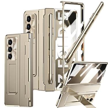 Imagem de YQODSZ Capa para Samsung Galaxy Z Fold 5 com S Pen e suporte de caneta, capa de uma peça Design Z Fold 5 com proteção de dobradiça Protetor de tela Z Fold 5 5g Capa com suporte Slim Z Fold5 5g Capa de telefone dourada