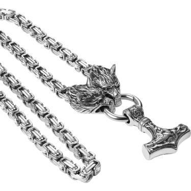 Imagem de OIDEA Colar Viking Mjolnir masculino com cabeça de lobo, corrente de rei com amuleto viking de aço inoxidável, pingente de martelo viking, joia pagã nórdica, 28 inch Chain, Aço inoxidável, Sem Pedra