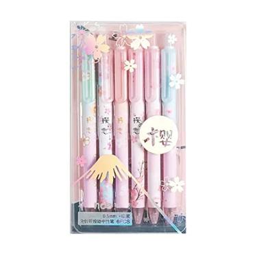 Imagem de 6 canetas de tinta de gel retráteis de desenho animado caneta de flor fofa caneta esferográfica 0,5 mm material escolar para escritório para meninas (Sakura)