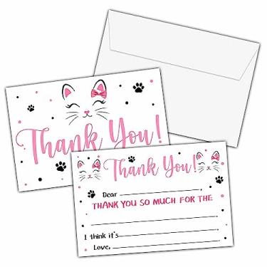 Imagem de Cartões de agradecimento de gatos fofos, cartão de agradecimento para gatos e gatinhos, notas de agradecimento de gatinhos para meninas e meninos, suprimentos de lembrancinhas de festa de aniversário