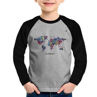 Imagem de Camiseta Raglan Infantil Mapa mundi mosaico Manga Longa - Foca na Moda