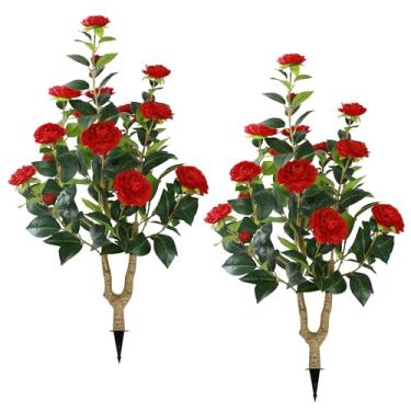 Imagem de Sunnyglade 2 pacotes de camélia artificial de 90 cm, planta de flores de camélia vermelha falsa com espigão, árvore de vegetação falsa para primavera, casa, porta da frente, decoração externa e