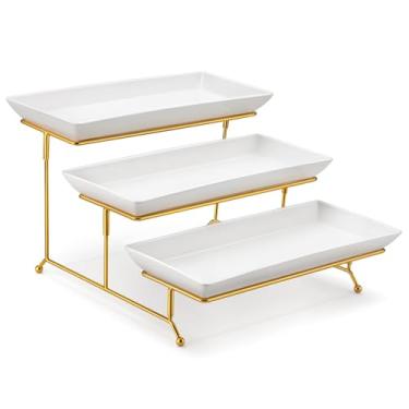 Imagem de MALACASA Bandejas de servir de 3 camadas para festas, bandejas brancas de porcelana de 35,5 cm para servir alimentos, suporte de sobremesa com rack dobrável de metal dourado