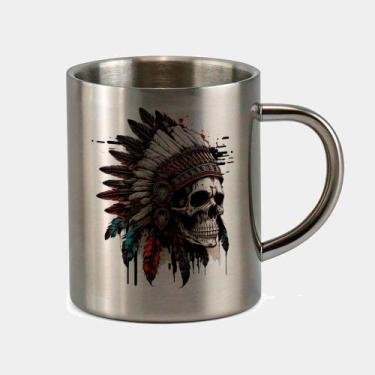 Imagem de Caneca de Inox Premium Prateada 400ml CAVEIRA APACHE COCAR BRANCO E PR