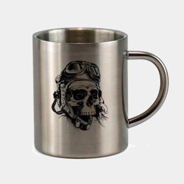 Imagem de Caneca de Inox Premium Prateada 400ml Caveira Motociclista Preta - Cri