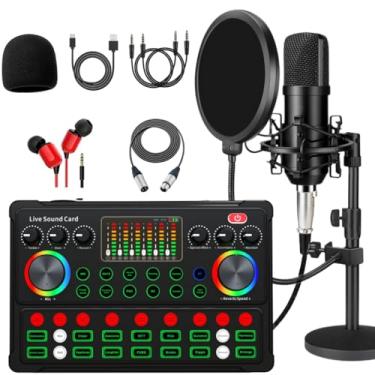 Imagem de SKTEET Pacote de equipamento de podcast, com microfone de podcast BM800 e placa de som V8, trocador de voz - Interface de áudio - perfeito para gravação, canto, streaming e jogos (M300)