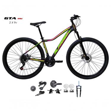 Imagem de Bicicleta Aro 29 Alfameq Pandora Kit 2x9 Sunrun Disco K7 11/36 Pedivela 24/38d Garfo Trava - Preto/amarelo/pink Tam.15