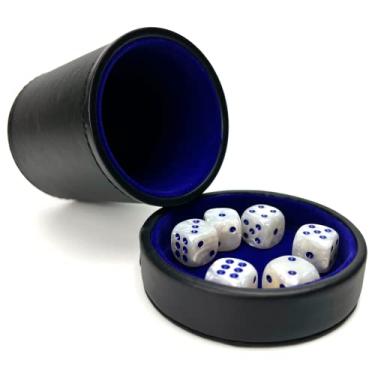 Imagem de Luck Lab Black Leather Dice Cup with Lid Including 6 Matching Pearl Dice - Blue Velvet Interior for Quiet Shaking - Use for Liars Dice Farkle Yahtzee Board Games, Black