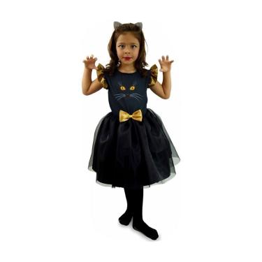 Imagem de Fantasia Halloween Infantil Gatinha Vestido Com Tiara Tamanho G