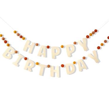 Imagem de Guirlanda de feliz aniversário de feltro Boho – Letras e bolas de lã natural feitas à mão, decoração de aniversário boho, decorações para festas de aniversário infantis, faixa de feliz aniversário montada