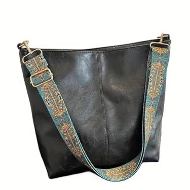 Imagem de Bolsa Vintage Feminina De Ombro Com Alça Geométrica Larga Crossbody Saco Retrô De Couro Pu Para Mulheres (Preto)
