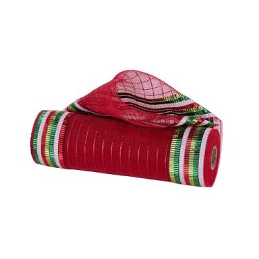 Imagem de Deco Poly Mesh de trama fina com listras metálicas a laser, 25,4 cm x 10 metros (30 pés), fita de tecido para grinaldas, laços, artesanato e decorações de festa (vermelho, branco, verde esmeralda