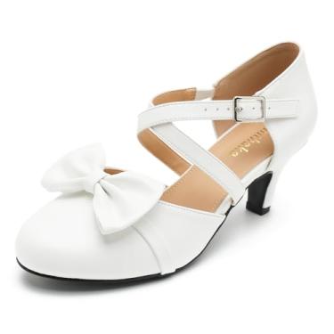 Imagem de Sapato social feminino Bow Mary Janes salto baixo gatinho bico fechado tira no tornozelo sapatos sociais confortáveis vintage casamento sapatos sociais, Poliuretano fosco branco, 39
