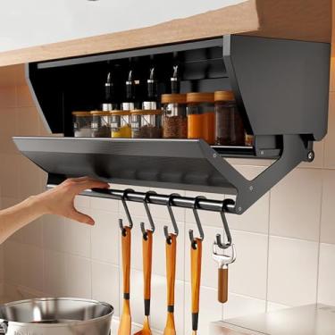 Imagem de Organizador de armário de 2 camadas, organizador de armário de parede superior com porta e alça, prateleira de puxar para baixo para armário alto que economiza espaço, preto