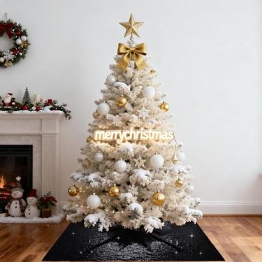 Imagem de PartyDelight Saia para árvore de Natal preta 117 cm com lantejoulas quadradas brilhantes para árvores de 1,5 m a 2,1 m, cantos, paredes e exibição de lareira