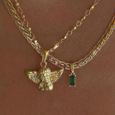 Imagem de Colar gargantilha vintage com pingente de pedra verde, banhado a ouro, corrente de elos cubanos, colares grossos para mulheres, joias modernas, presente