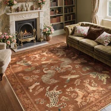 Imagem de Moynesa Tapetes de sala de estar laranja 20 x 25 cm, tapetes de área laváveis florais de pavão vintage para quarto, sala de jantar, escritório, tapetes macios, antiderrapantes e fáceis de cuidar, para