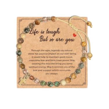 Imagem de Pulseira de cruz feminina com pedras curativas Life Is Tough But So Are You, joias inspiradoras, presentes de amizade para mulheres, presentes de Natal