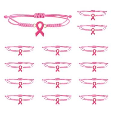 Imagem de Sariiraw 16 pulseiras de conscientização do câncer de mama pulseiras de fita rosa ajustáveis para eventos de arrecadação de fundos apoio ao sobrevivente, one size, Corda de cera, Sem Pedra Preciosa