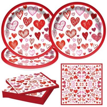Imagem de Conjunto de pratos e guardanapos de papel de coração de dia dos namorados, 48 peças, pratos de jantar de 23 cm, romântico, coração vermelho, amor, para noivados, casamentos, aniversários, decorações