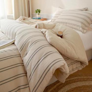 Imagem de Cyusri Conjunto de edredom queen listrado de algodão – Conjunto de cama macia e leve com 3 peças tingidas com 2 fronhas, reversível para todas as estações (Queen Size 228,6 cm x 228,6 cm bege)