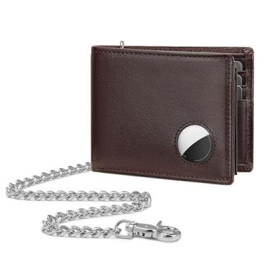 Imagem de KLOMORE Carteira masculina de corrente AirTag (Airtag não incluída), elegante e fina, carteira masculina dobrável de couro genuíno com bloqueio de RFID, inclui porta-cartão de crédito com janela de