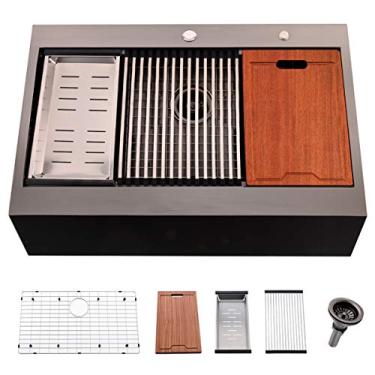 Imagem de Pia de cozinha de fazenda preta de 76,2 cm - 76,2 cm em aço inoxidável preto com queda na frente, pia de fazenda de aço inoxidável de calibre 16