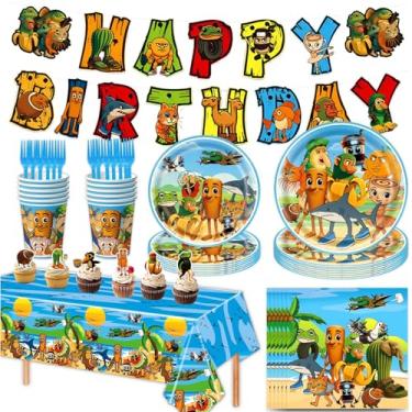 Imagem de Conjunto de decorações de aniversário italiano Brainrot com faixa tralalero de feliz aniversário, balões de podridão cerebral, topos de cupcake, pano de fundo de desenho animado, pratos, guardanapos