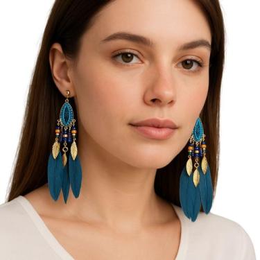 Imagem de Brinco Pressão Étnico com Penas Azul e Detalhes Dourados - anjo da mam