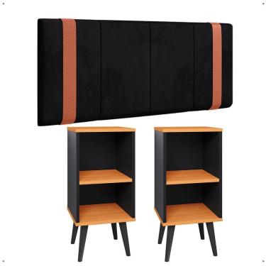 Imagem de Kit 2 Mesinhas Preto/Cinamomo Canto Nicho Prateleira Porta Objetos Cabeceira Suspensa Almofadada Cama Box Casal 1,40 Detalhe Lateral Suede - Lojas RPM