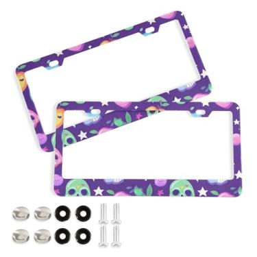 Imagem de SEHANY Molduras de placa de carro vintage rosa crânio, capas de alumínio à prova de ferrugem com furos elípticos e parafusos serve para veículos padrão dos EUA tamanho acessórios de carro para