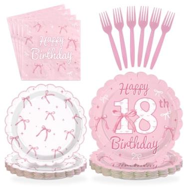 Imagem de Greencian 96 peças de artigos de festa com laço rosa, coquete, pratos e guardanapos para festa de aniversário de 18 anos, conjunto de utensílios de mesa com tema de laço descartável para meninas